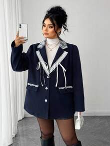 Elenzga Plus Size Women Front Button Long Sleeve Overcoat, Casual For Autumn/Winter - Navy Blue - View 3