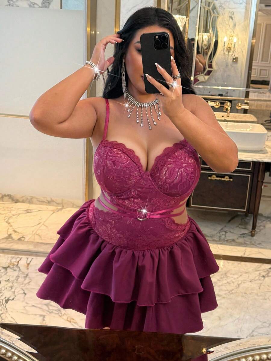 Flirla Plus Size Women Lace Camisole Backless Bodycon Dress, For Party/Everyday Wear - Purple - View 1