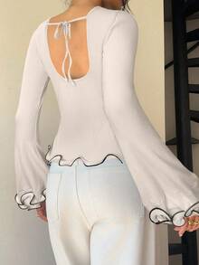 Siren Gaze Áo thun nữ đơn giản, màu sắc tương phản, họa tiết viền bèo nhún hàng ngày - Màu be - Xem 4