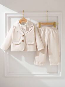 Souflis Souflis 3件套2025秋冬新款优雅法式米色西装外套，白色长袖衬衫，米色裤子，适合聚会、郊游、度假等场合，适合幼儿男孩的绅士装 - 米色 - 查看 3