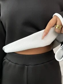 Selianne 女士休闲日常通勤简约百搭撞色绑带喇叭袖保暖羊毛运动衫和阔腿裤两件套，秋冬 - 黑色 - 查看 4