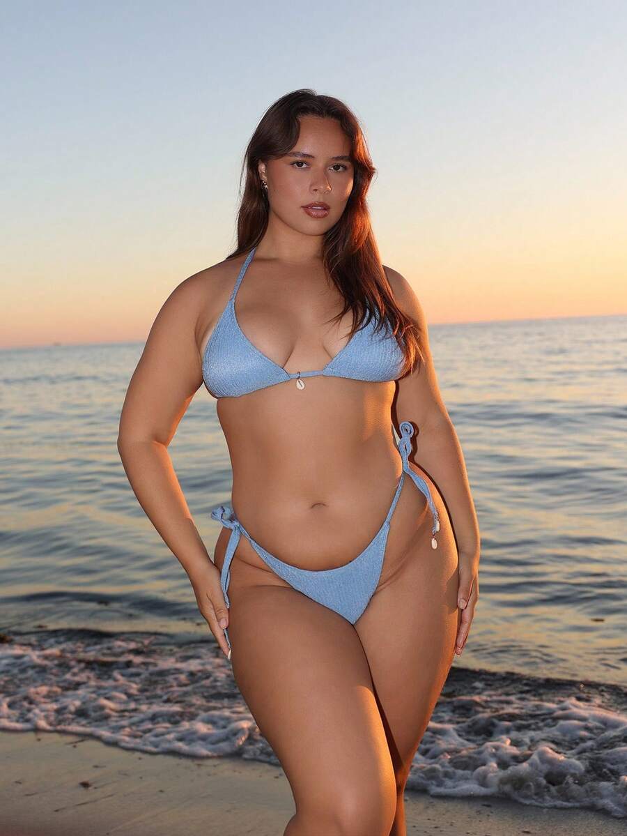 Nezia Cruz Summer Beach Textured Halter Neck Tie Two-Piece Bikini Set