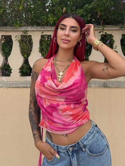 Bearsaez Tie Dye Draped Front Drawstring Side Halter Top