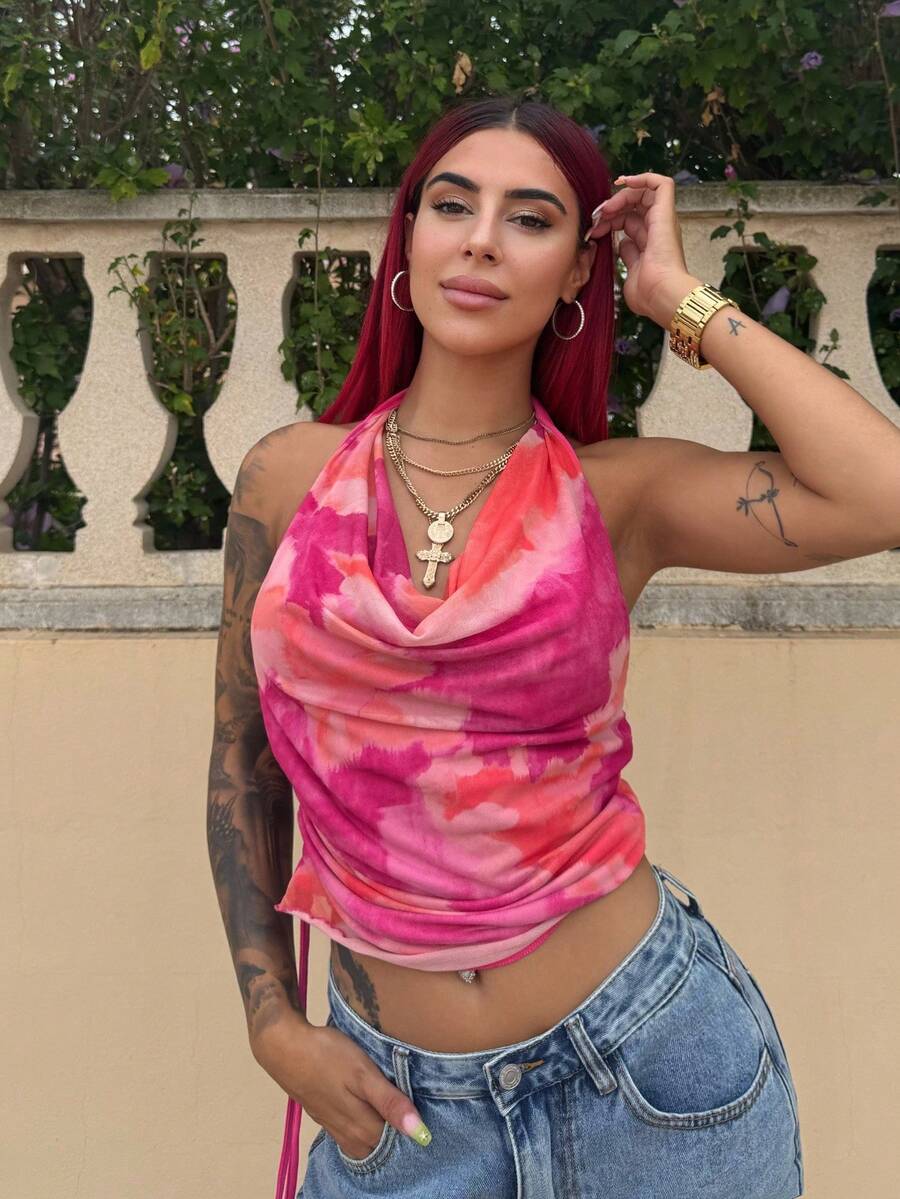 Bearsaez Tie Dye Draped Front Drawstring Side Halter Top - Multicolor - View 1