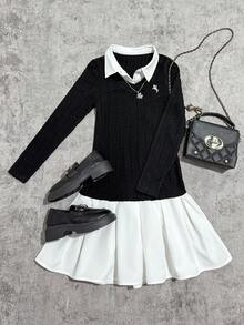 青少年女孩修身衬衫裙，褶边，长袖，休闲舒适 - 藏蓝色 - 查看 1