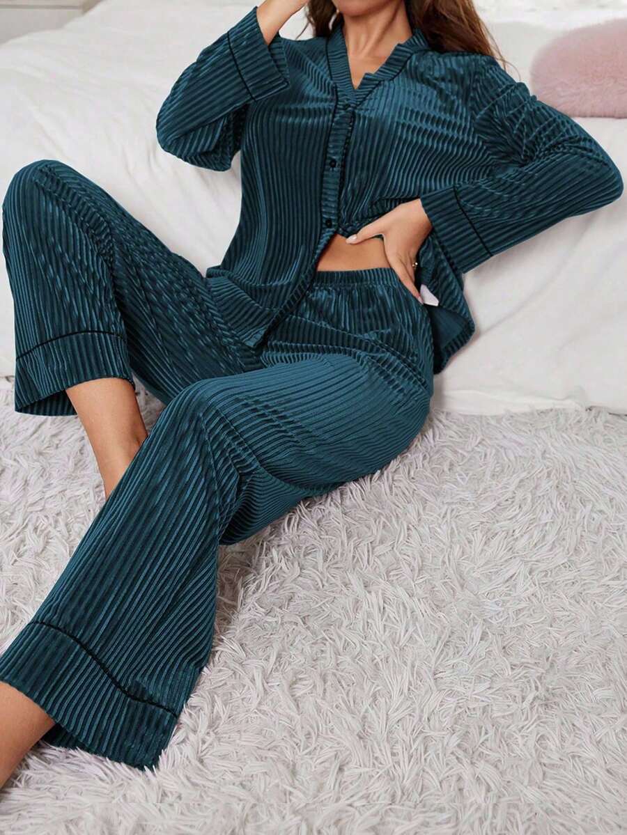 SHEIN 天鹅绒女士睡衣套装，包含上衣和裤子，适合秋冬季节穿着 - 水鴨藍 - 查看 1