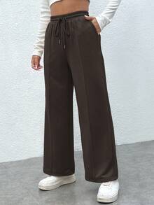 SHEIN PETITE Quần nỉ màu trơn buộc phía trước tối giản màu nâu cho nữ, mặc thường ngày - Cà phê nâu - Xem 5