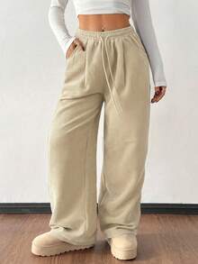 SHEIN PETITE 女式秋冬街头时尚休闲复古灯芯绒纹理裤 - 米色 - 查看 4