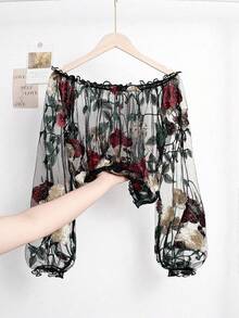 Franclia Plus Size Women's Fashion Sheer Mesh Crochet Embroidered Floral Off-Shoulder Lantern Sleeve Cropped Top