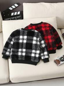 SHEIN Playful Pals 2件裝嬰幼兒男女通用紅白格紋刷毛套頭冬款80年代搖滾風節日派對休閒圓領長袖運動衫 - 彩色 - 查看 2