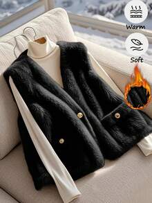 Franclia Chaqueta elegante sin mangas de unicolor con falso pelo de mujer