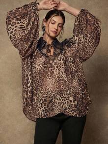 Freevana Áo cánh tay dài trong suốt phối ren họa tiết da báo dành cho nữ - Cà phê nâu - Xem 6