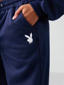 Missguided x Playboy 阔腿运动裤羊毛裤冬季秋季家居服慢跑裤高腰舒适休闲泡泡袖印花标志设计直筒裤 - 藏蓝色 - 查看 5