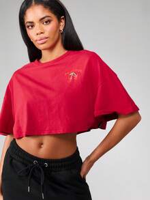Missguided x Playboy 圣诞节超大款短款棉质T恤，樱桃印花时尚T恤，休闲夏季节日街头风露脐短袖宽松版型，Logo设计 - 紅色 - 查看 5