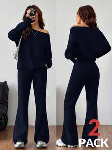 SHEIN EZwear 女式春夏基本款针织纯灰色宽松露肩不对称领口长袖运动衫和喇叭裤健身套装，两件套服装 - 藏蓝色 - 查看 5