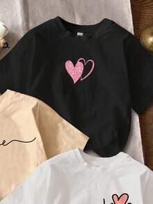 SHEIN EZwear 3 件套心形图案休闲简约设计圆领长袖短款修身女式 T 恤 - 彩色 - 查看 4