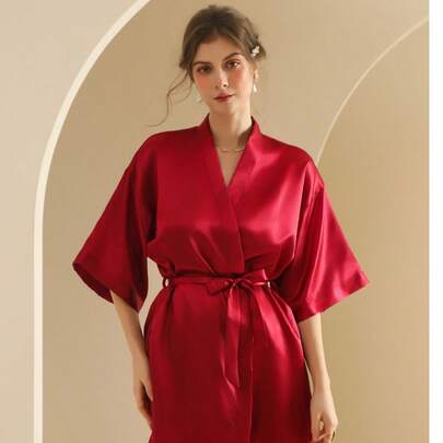 1 Áo choàng lụa satin ngắn thắt lưng thanh lịch trơn màu cho cô dâu Đồ ngủ phù dâu mùa thu đông Đồ ngủ mặc ở nhà Áo choàng tắm Quà tặng ngày lễ Ngày lễ tình nhân