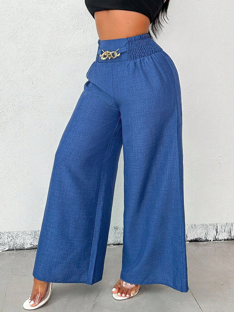 EMERY ROSE Pantalones anchos y sueltos de verano para mujer en azul con cadena de metal - azul real - Añade 5