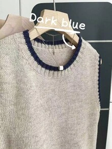 Franclia 女式休闲宽松圆领无袖针织撞色边卡其色毛衣上衣，春秋季