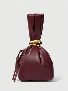 low tea 1pc Solid Color PU Leather Handbag, Burgundy Ancora Design, Women's Personalized Mini Cloud Pleated Bag With Metal Decor Zipper Closure, Suitable For Daily And Outdoor Use , New Year , Burgundy Bag - Burgundy - View 5