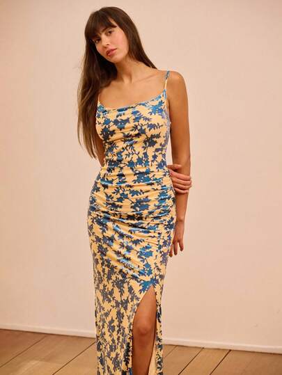 lacRébo Printed Cowl Neck Maxi Dress With Ruched Sides And Side Slit Fall Women Clothes Autumn Outfits Fall Women Clothes Spring Summer Evening Dress Party Dress Date Night Dress  Party Outfits