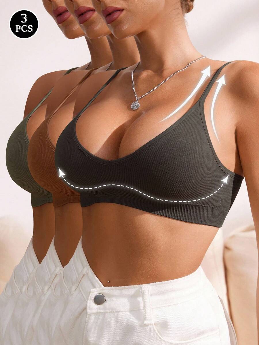 SHEIN 3件套无缝罗纹无钢圈女士休闲文胸 - 彩色 - 查看 1