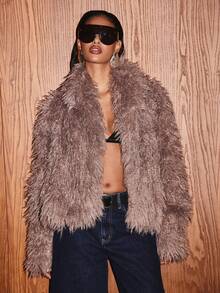 KIZN 奢华蒙古人造毛皮大衣毛绒蓬松冬季时尚保暖个性外套晚会长袖毛绒蓬松夹克高级时装秀风格 - 灰色 - 查看 3