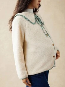 Boho Mama Fall,Autumn,Maternity Raglan Long Sleeve Fuzzy Regular Coat, Autumn/Winter Fall - Apricot - View 2