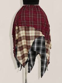 SHEIN ICON 女士加大码性感大胆前卫时尚个性化千禧风格Y2K返校季复古格子拼接不对称下摆松紧腰多层半身裙 - 彩色 - 查看 2