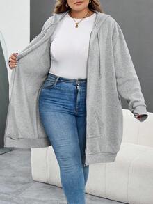 SHEIN CURVE+ Felpa con cappuccio casual con chiusura lampo e tasche, tinta unita, taglie comode, abbigliamento autunnale/invernale da donna