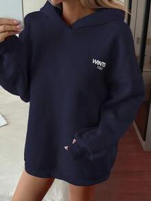 DAZY Women's Hooded Loose Casual Sweatshirt With Print - Navy Blue - View 5