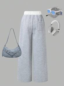 Sparklyn Tween Girls Casual Colorblock Waistband Knit Fabric Straight Leg Pants, Loose Fit With Numeric Print, Comfortable For Autumn/Winter Daily, Commute, Outdoor, Party, Photo Shoot - Grey - View 2