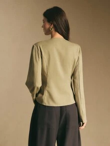 Poéselle 女士绿色西装外套，不对称纽扣门襟西装外套，单排扣长袖休闲西装外套，适合秋冬季新年休闲穿着 - 綠色 - 查看 8