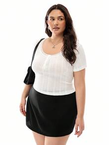 SHEIN EZwear 大尺碼白色蕾絲裝飾針織提花短袖t恤 - 白色 - 查看 5