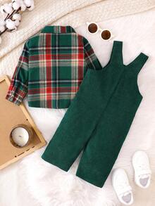 Souflis Souflis 2 件套幼儿男童圣诞格子纽扣前衬衫和可调节灯芯绒背带裤，适合通勤、上学、度假、运动、秋季、6 个月 - 3 岁、儿童服装、婴儿服装、幼儿 T 恤、幼儿背带裤 - 墨綠色 - 查看 3