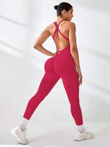 Core Rhythm 女式露背交叉设计无袖性感运动连体裤 - 玫紅色 - 查看 2