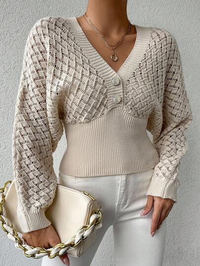 EURMUSE Hollow Out V-Neck Buttoned Pullover Sweater