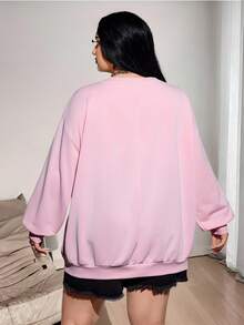 SHEIN CURVE+ Plus Size Women Casual Halloween Graphic Print Loose Fit Crew Neck Long Sleeve Sweatshirt, Autumn/Winter Ghost Sweatshirt Fall/Autumn /Winter - Pink - View 2