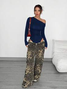 SHEIN EZwear 女款海军蓝紧身斜肩长袖休闲连体衣 - 藏蓝色 - 查看 3
