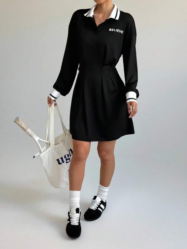 Dewbera Color Block Letter Print Cinched Waist Sports Dress Black Polo Dress Long Sleeve Polo Dress Black Dress Long Sleeve Dress Long Sleeve Tennis Dress Black Tennis Dress