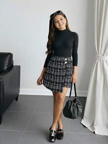 Firerie Kids Casual Commuter Round Neck Black Bodysuit & Plaid Mini Skirt Set, Suitable For Christmas And Halloween, Autumn/Winter