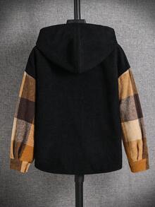 SHEIN 男童休闲日常舒适拼接格纹衬衫，翻领开襟宽松长袖，适合生日派对、晚宴、演出、婚礼、洗礼、开幕式等场合，日常穿着舒适，适合上学、旅行和运动，是秋冬季节的理想之选。 - 黑色 - 查看 2