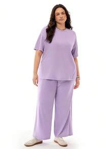 SHEIN EZwear 加大码两件套：做旧紫色绣球花印花宽松T恤+阔腿裤，春夏季休闲棉质套装 - 紫丁香色 - 查看 1