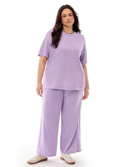 SHEIN EZwear Plus Size 2Pcs Set: Distressed Purple Hydrangea Print Loose T-Shirt + Wide Leg Pants, Casual Cotton Suit For Spring/Summer