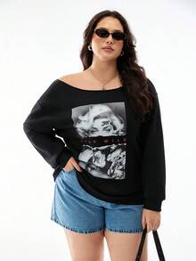 SHEIN EZwear 性感女士图案加大码露肩宽松休闲运动衫，适合秋冬季 - 黑色 - 查看 3