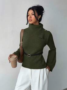 Elenzga Khaki Elegant Flared Sleeve Niche Design Collar, Paired With Brown Metal Fashionable Belt, Women Sweater For Autumn/Winter - Army Green - View 3