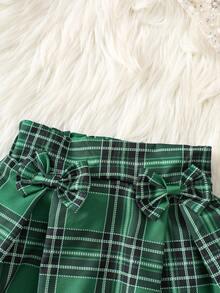 SHEIN Baby Girl Blue Knit Vest + White Long Sleeve Shirt + Plaid Print Skirt 3-Piece Set Green Plaid Skirt Outfit - Dark Green - View 6