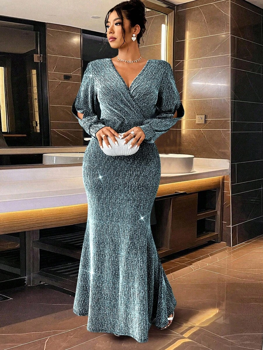 Cravure Vestido de sirena con adorno de cintura de cristales brillantes, elegante y de moda para fiesta, vestido largo para mujer - Agua verde azul - Ver 1