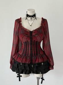 Sunspun Camisa de mujer de manga larga con volantes y decoración a cuadros, talla grande y casual - Multicolor - Ver 6