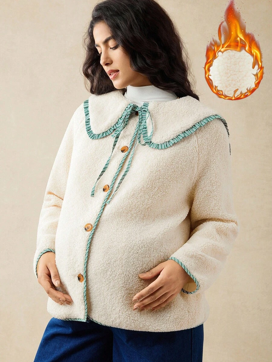 Boho Mama Fall,Autumn,Maternity Raglan Long Sleeve Fuzzy Regular Coat, Autumn/Winter Fall - Apricot - View 1